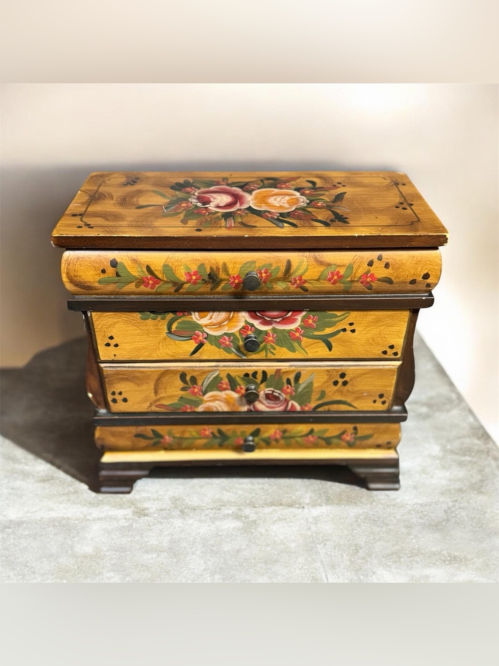Vintage Hand-Painted Floral Jewelry Chest in Yellow and Red